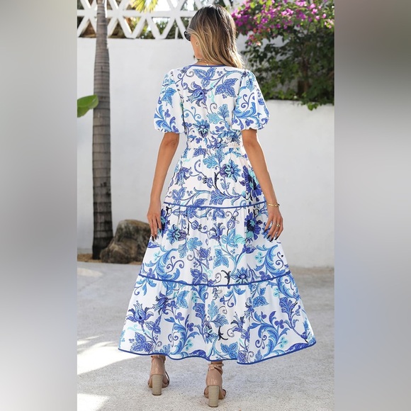 PrettyGarden Boho Floral Maxi Dress Blue White Wedding Guest XL New - Picture 2 of 7